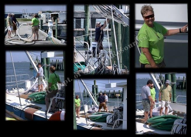 Collage of crew members preparing equipment on docks and boats