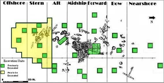 Detailed excavation plan map highlighting units in the stern and aft sections of the shipwreck
