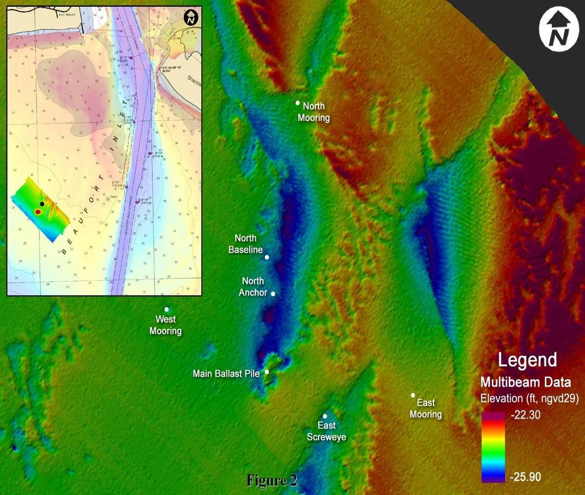 Multi-beam data map showing scour areas around the Queen Anne