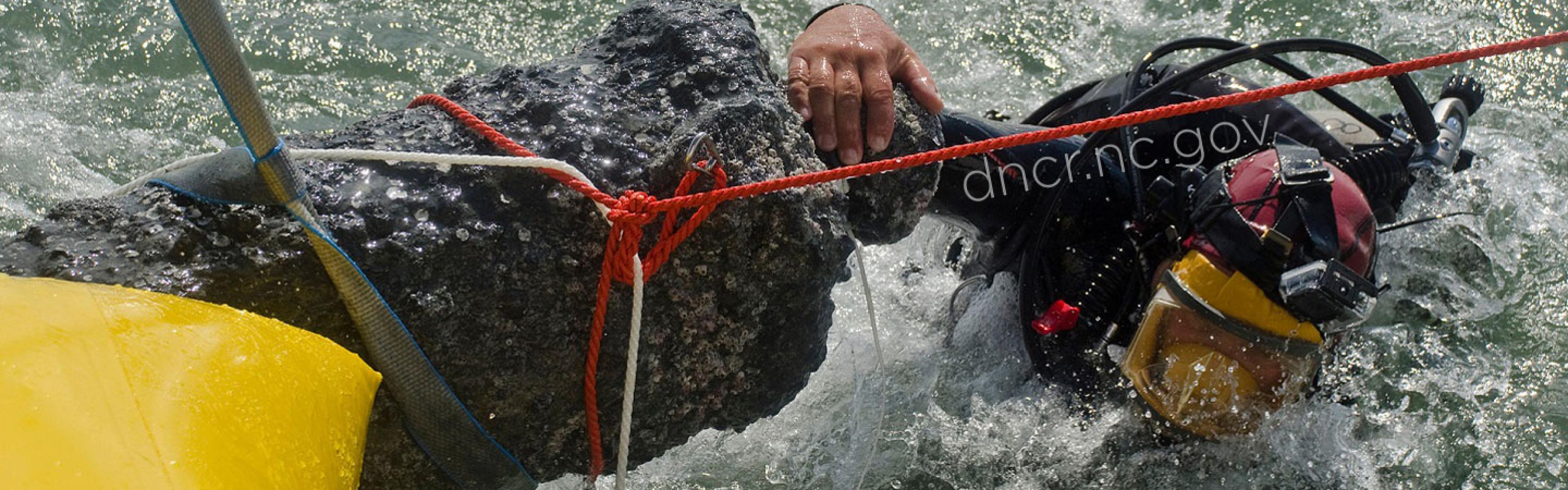 Diver raising cannon from shipwreck
