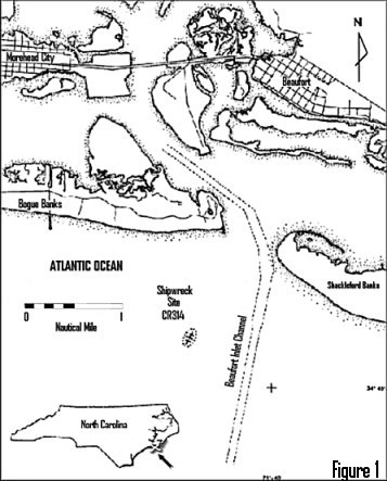 Map of North Carolina coast showing shipwreck site 31CR314 near Beaufort Inlet Channel