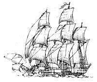 Line drawing of a historic sailing ship underway