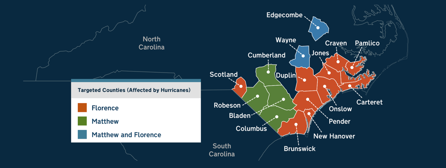 Map of North Carolina with depciting the 16 counties federally declared as most impacted and distressed by hurricanes Matthew and Florence.