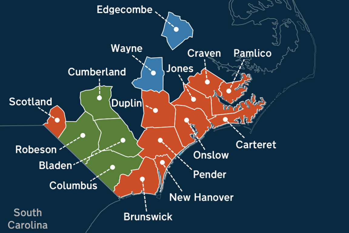 Map of eastern NC counties most impacted and distressed by hurricanes Matthew and Florence. 
