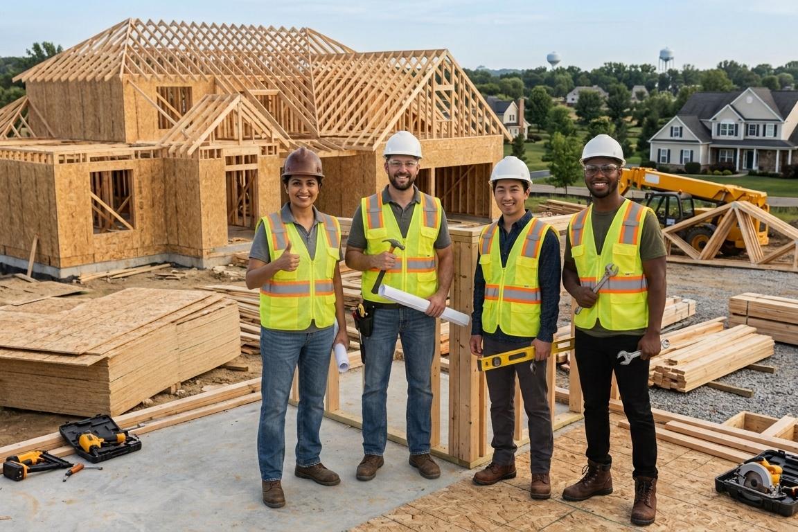 diverse group of construction workers with home under construction in background