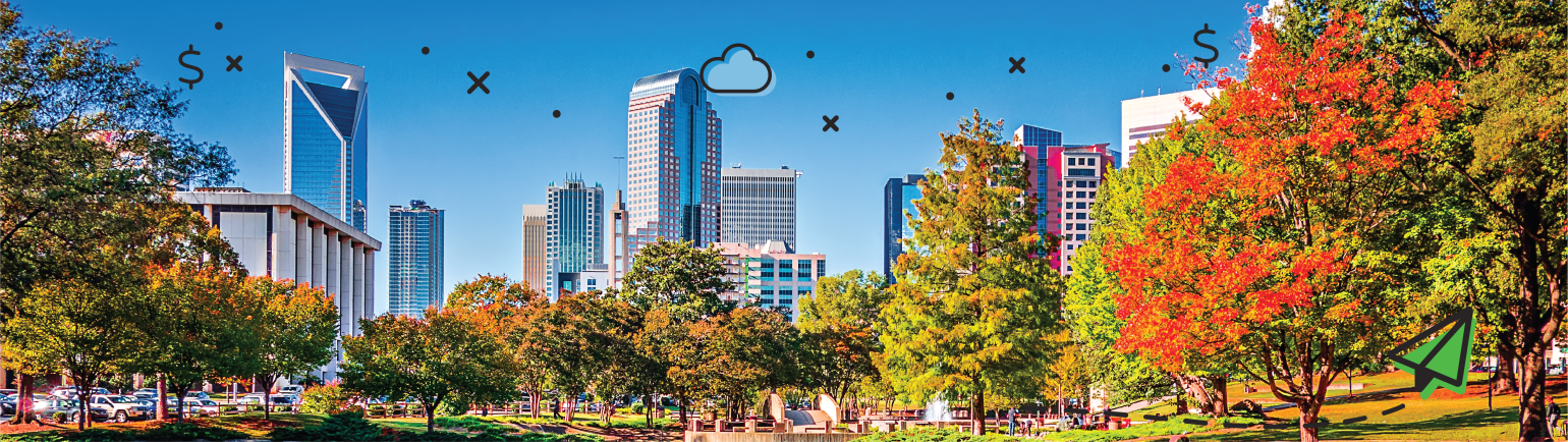 North Carolina cityscape with fun icons peppered throughout