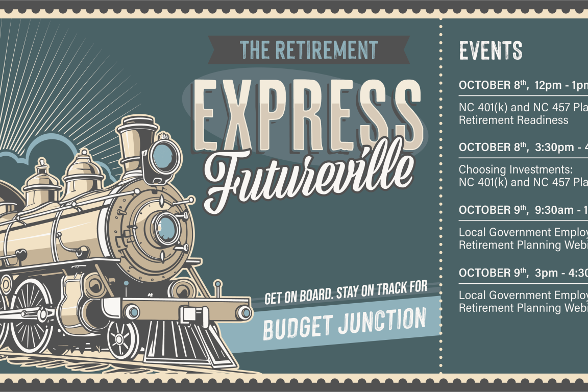 Train ticket to Budget Junction featuring a graphic train with the final destination of Futureville and a listing of events for the week