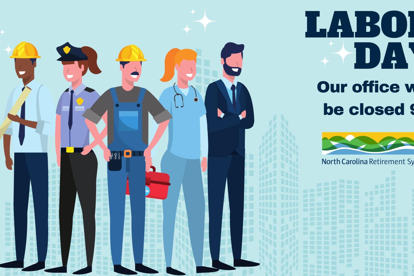 promotional cartoon graphic showing closure for labor day