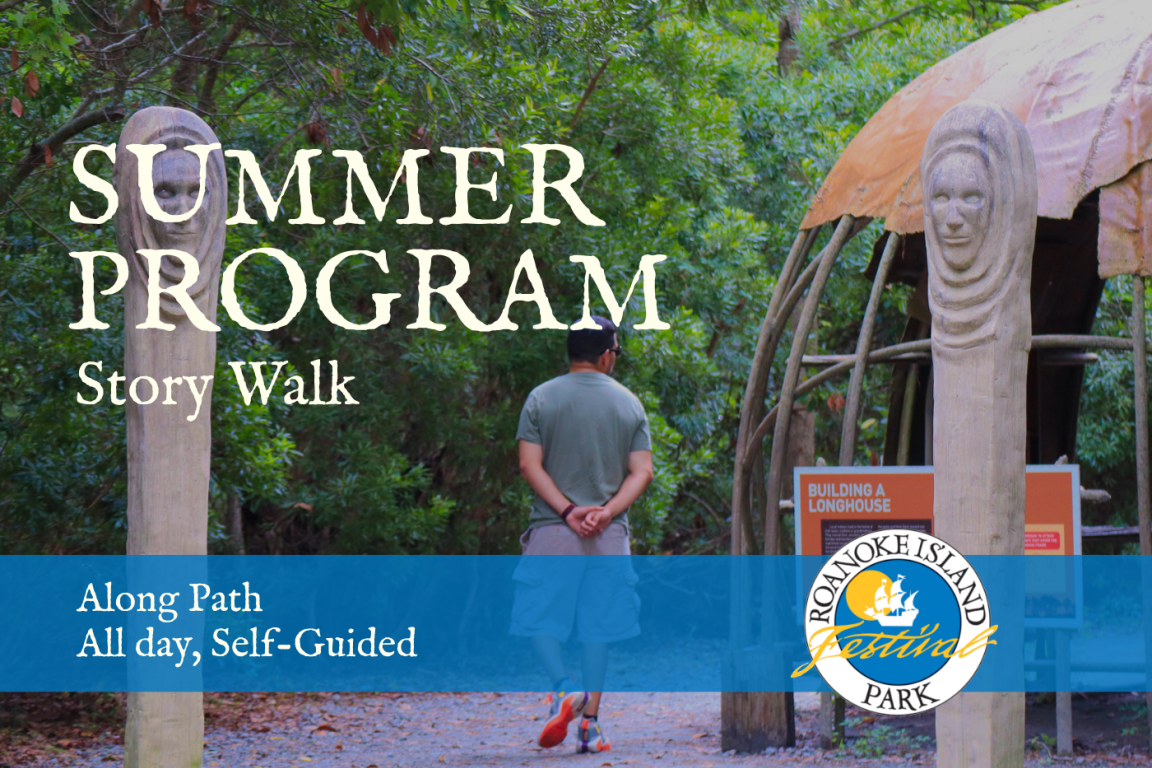A man walks on a wooded path between wooden sculptures. The text reads "Summer Program Story Walk," with details of a self-guided tour. 