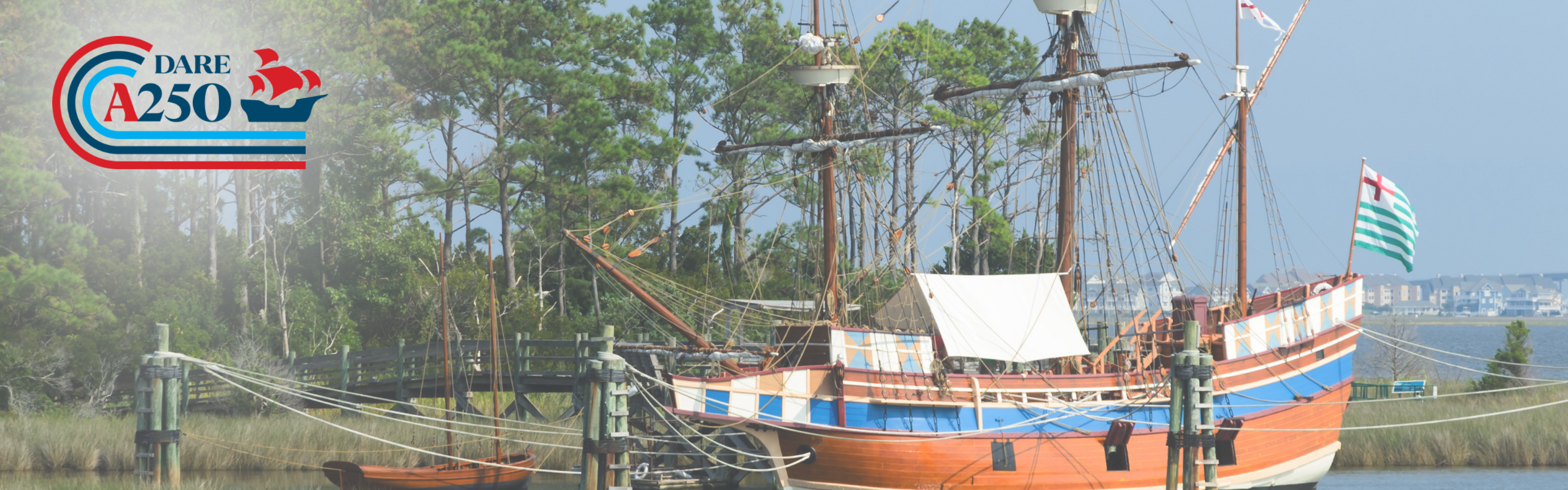 Alt text: "Historic wooden ship docked by a lush forest shoreline, under a clear sky. The 'Dare 250' logo with nautical theme appears on the left."