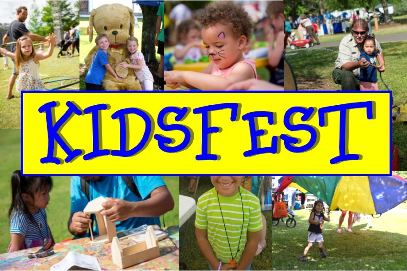 Collage of kids playing outside at KidsFest event at Roanoke Island Festival Park 