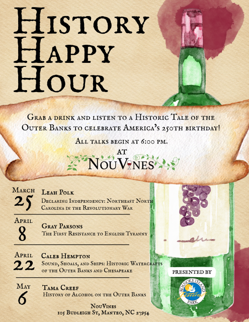 History Happy Hour flyer with event information. The background is a scroll with a wine bottle prominently displayed.