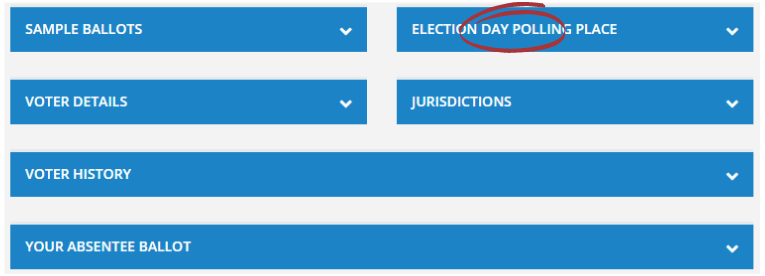 Election Day Polling Place Screenshot of a voter record with "Election Day Polling Place" section selected.