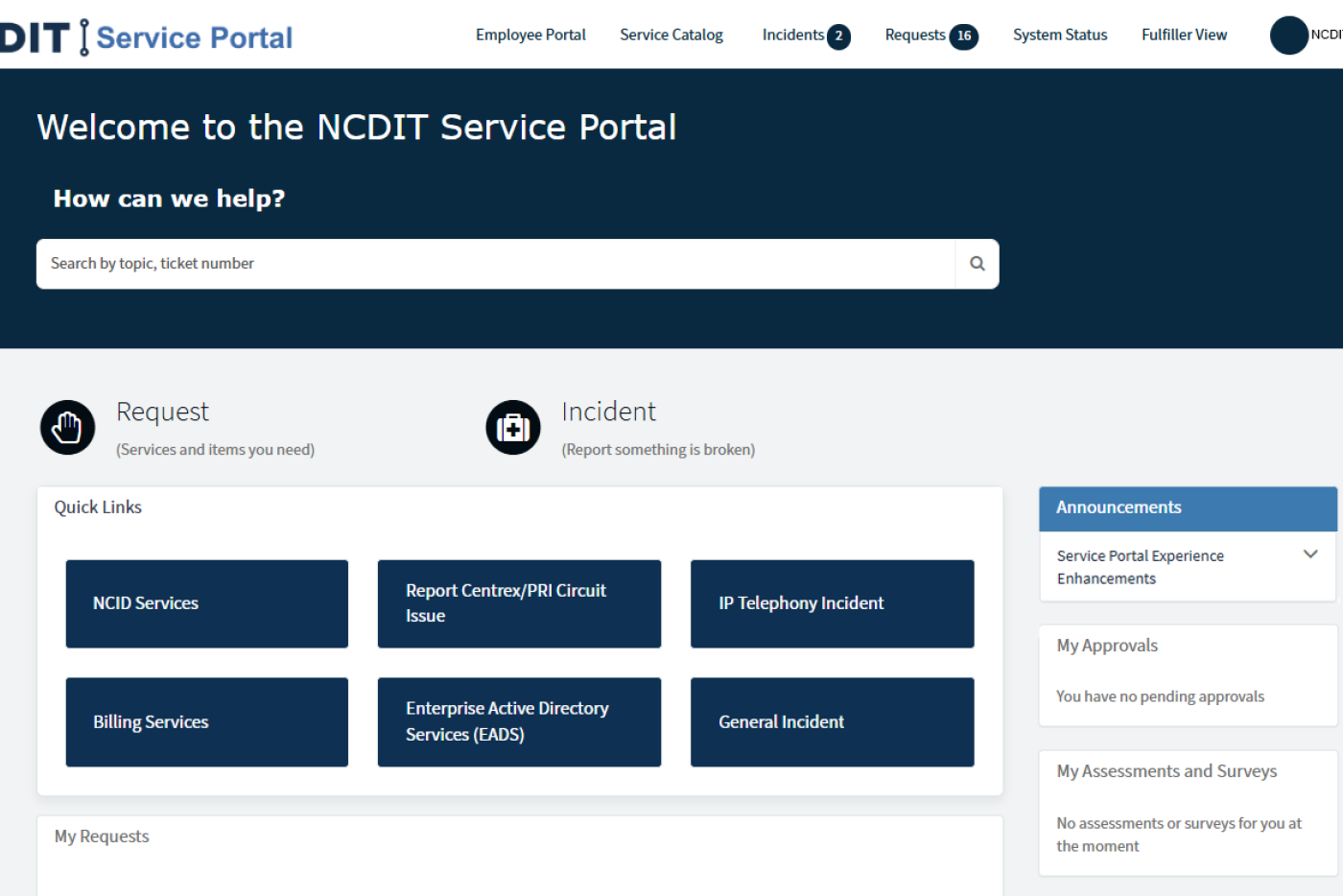 NCDIT Service Portal main page
