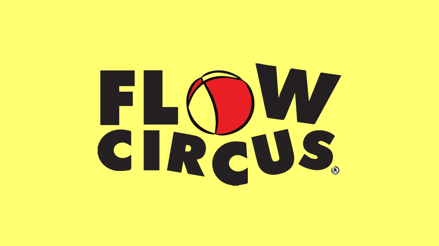Yellow background with black text that says Flow Circus. Illustration of a ball. 