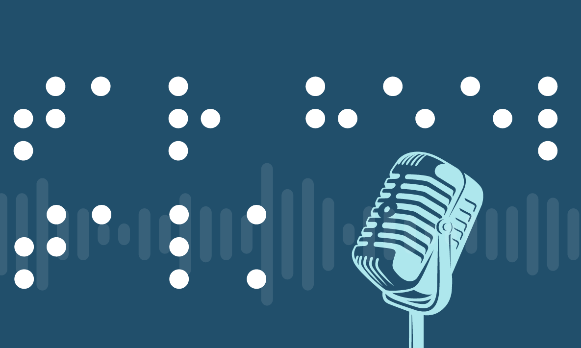 A microphone on a dark blue background with NCLBPH spelled out in braille