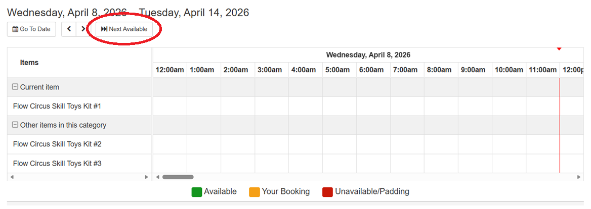 An example of where to find the Equipment Booking Catalog's "Next Available" feature.
