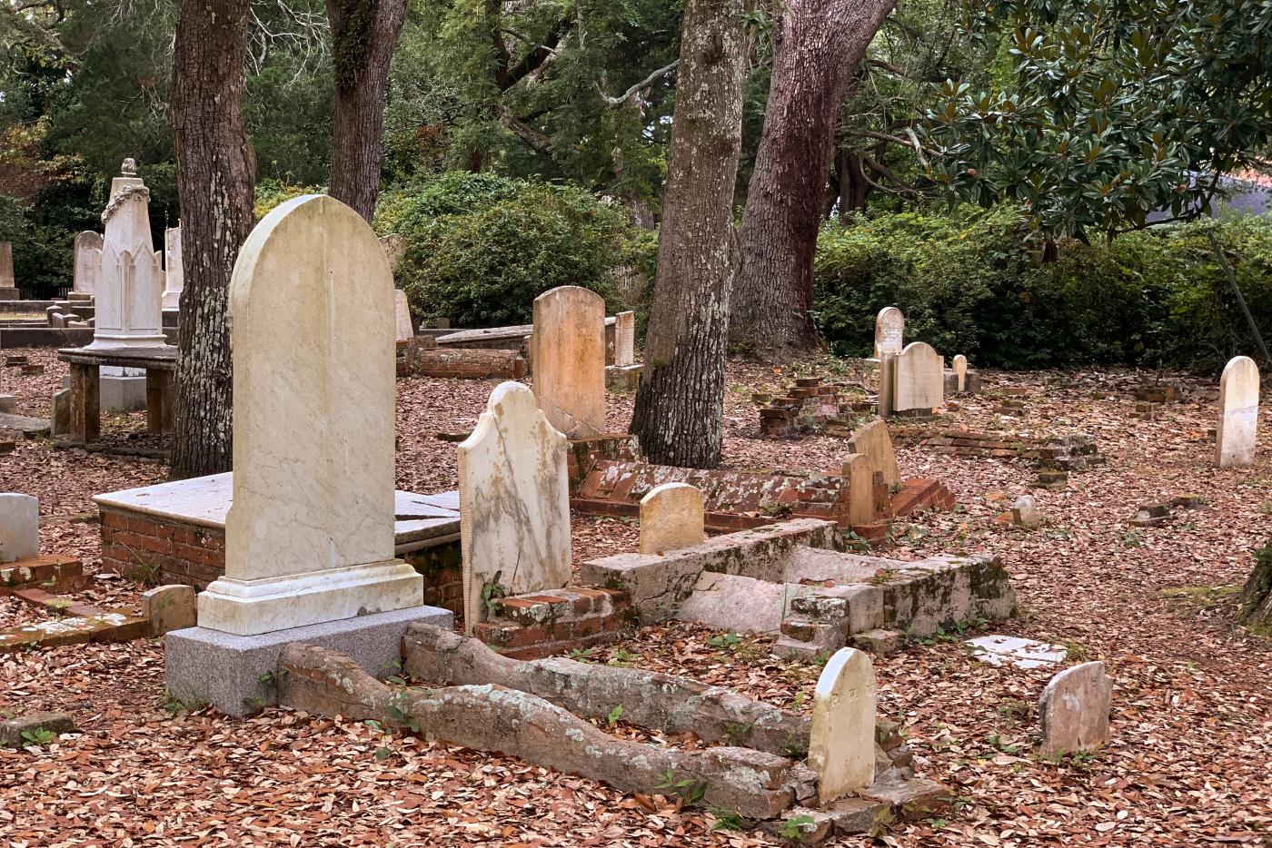Headstones are pictured at the Old Burying Ground in Beaufort, NC