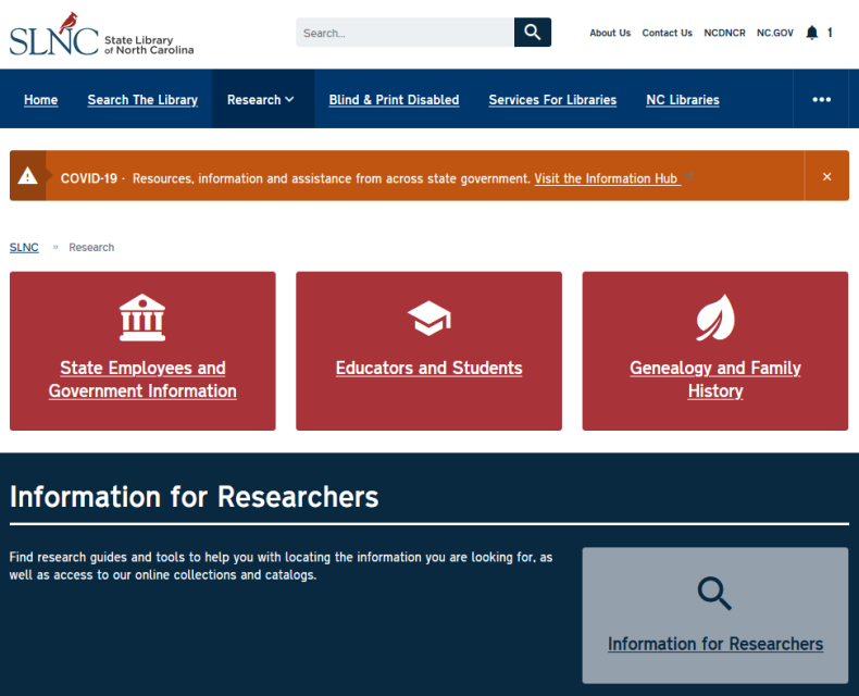Screen shot of the Research page on the State Library website