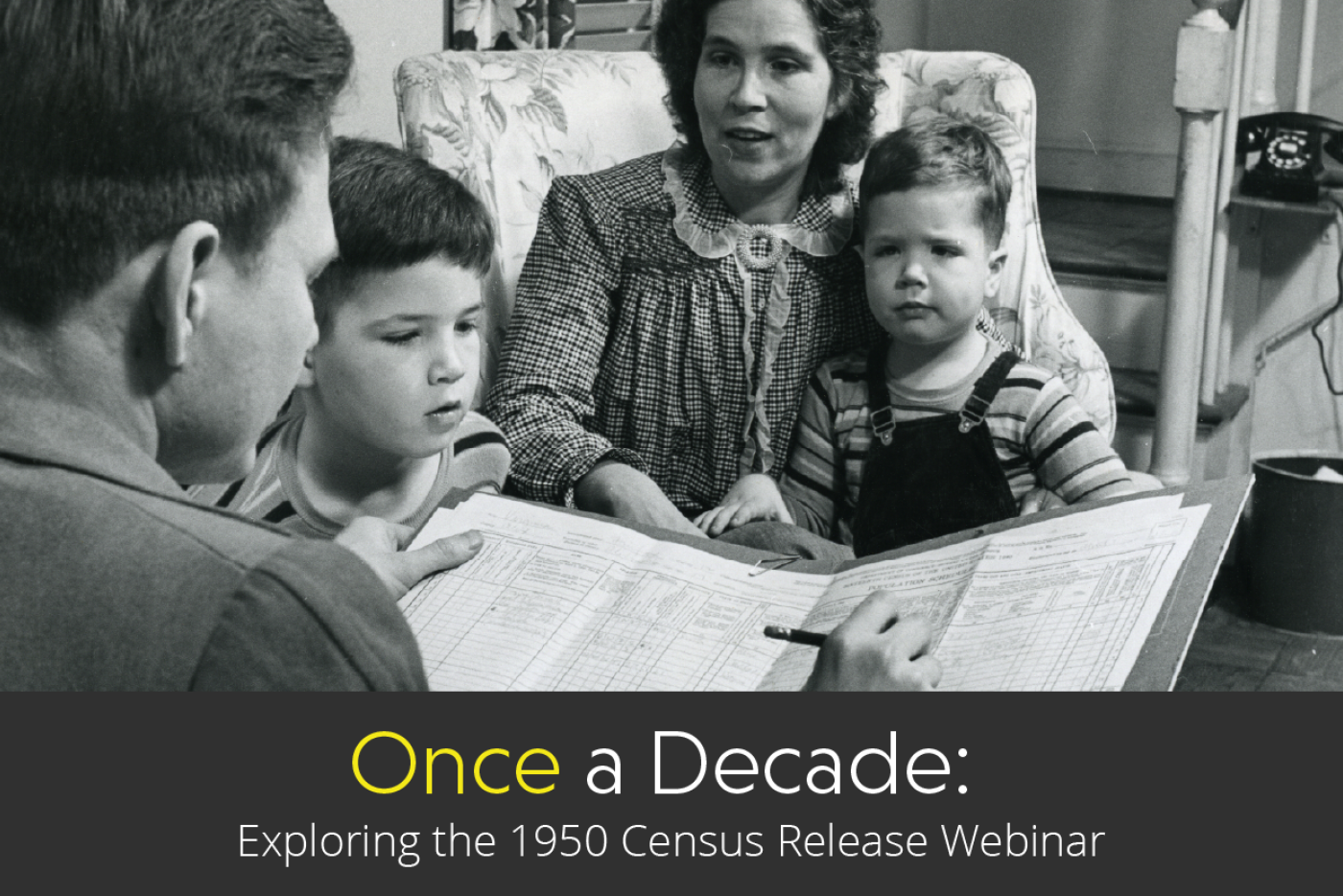 Circa 1950 - Mother and two young boys sitting in a living room listening to a man asking questions (Census taker)