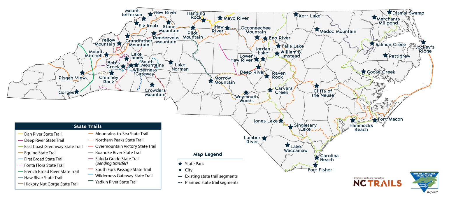 A map of North Carolina showing all state trails and all staffed park units
