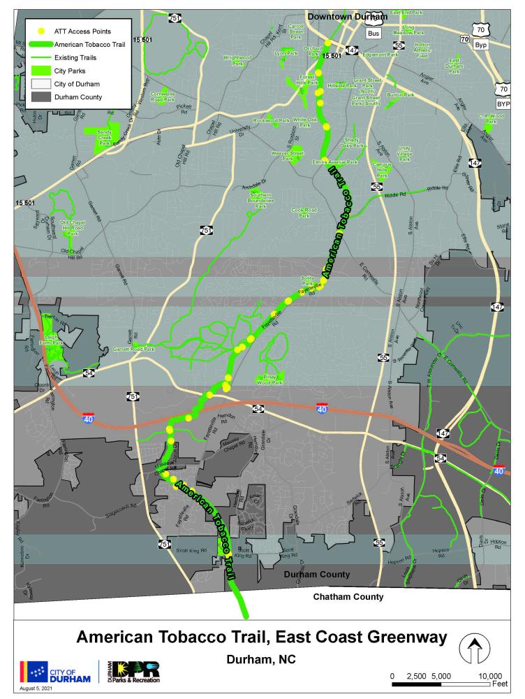 Map of the American Tobacco Trail in Durham