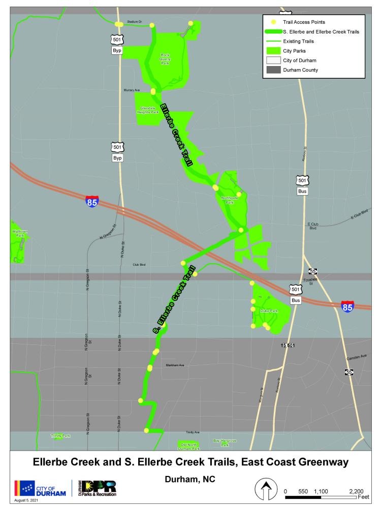 Map of the Ellerbe Creek Trail in Durham