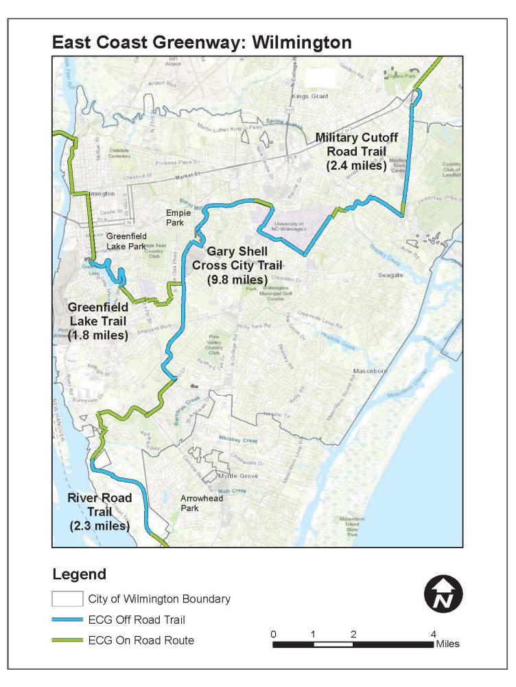 Map of East Coast Greenway Trails in Wilmington