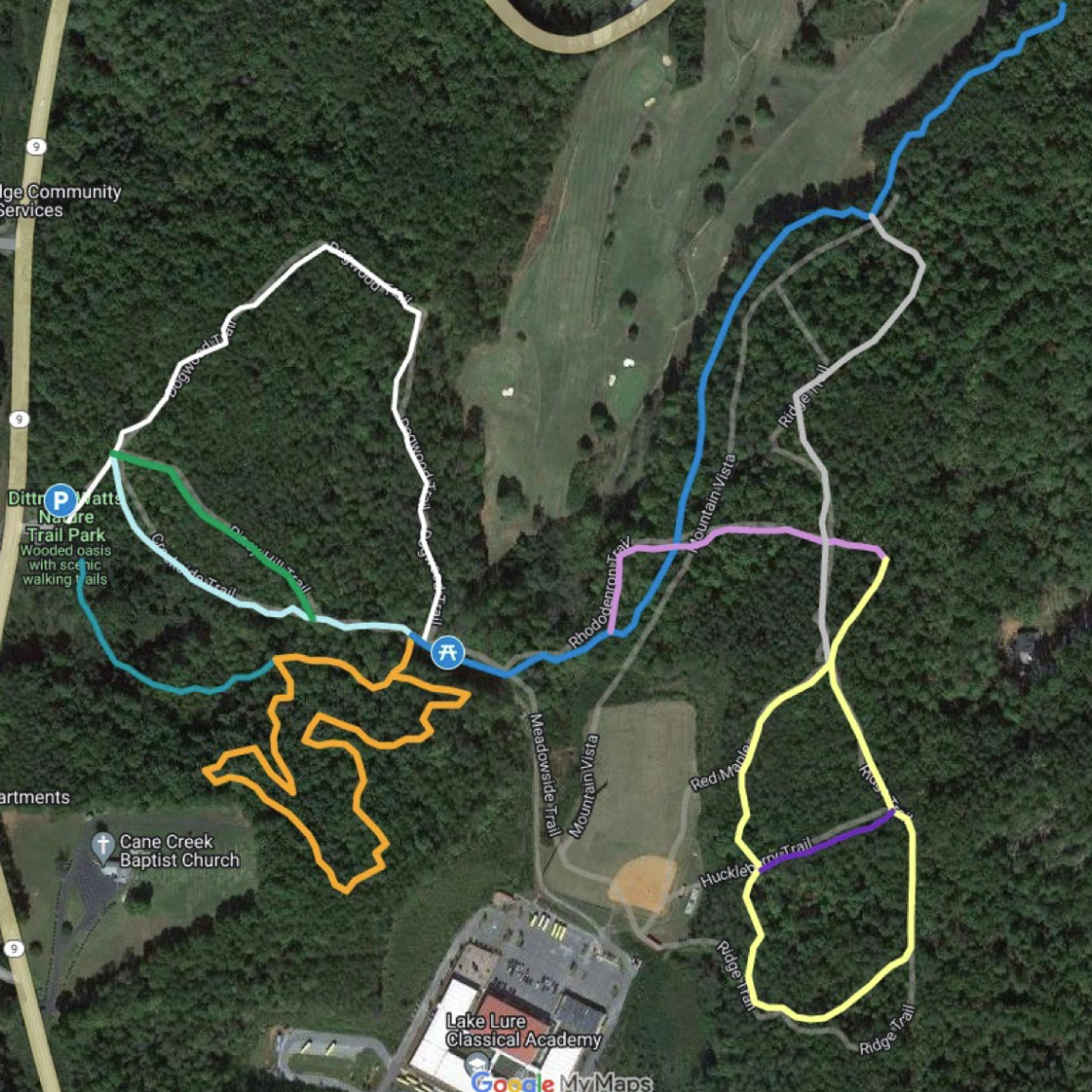 A Google Map showing the trails at Dittmer-Watts Nature Park