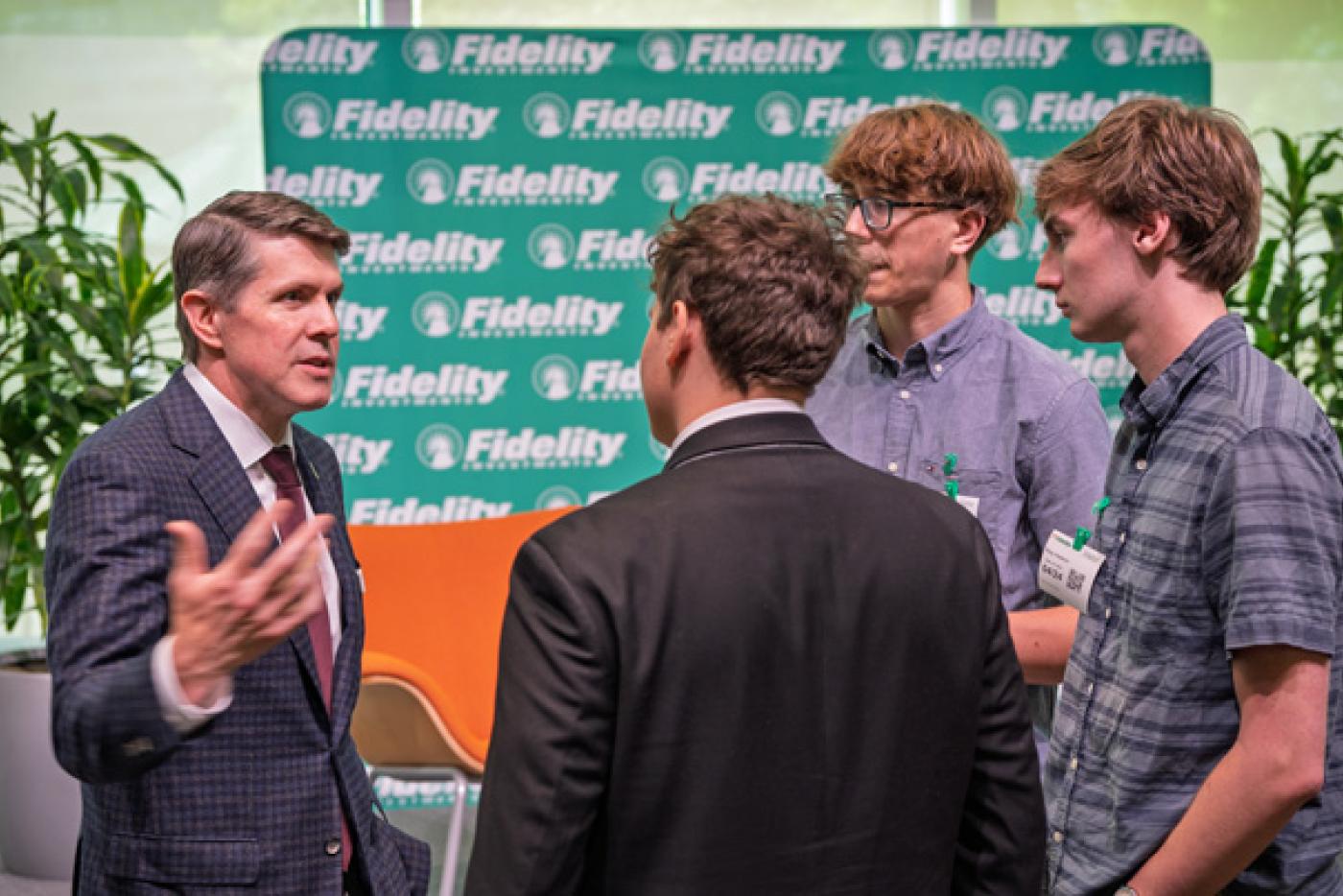 Treasurer Briner chats with students