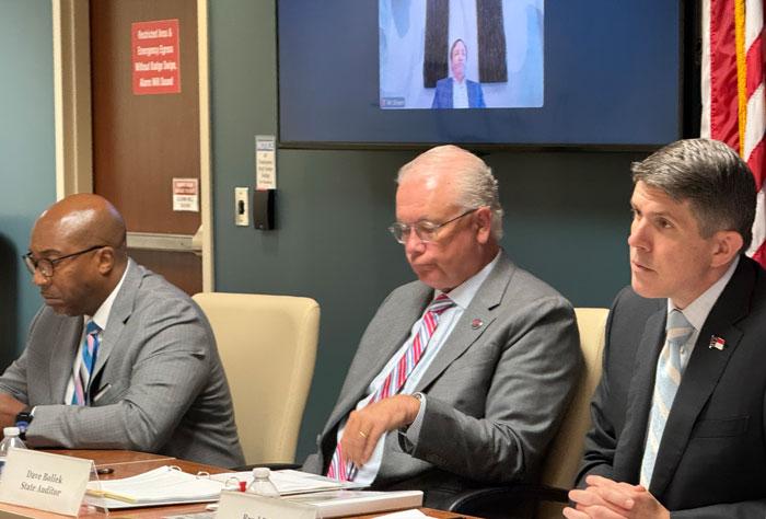 Treasurer Briner on right, Auditor Boliek in middle and Secretary Wooten on left, attending the July 7, 2026 Local Government Commission meeting. 