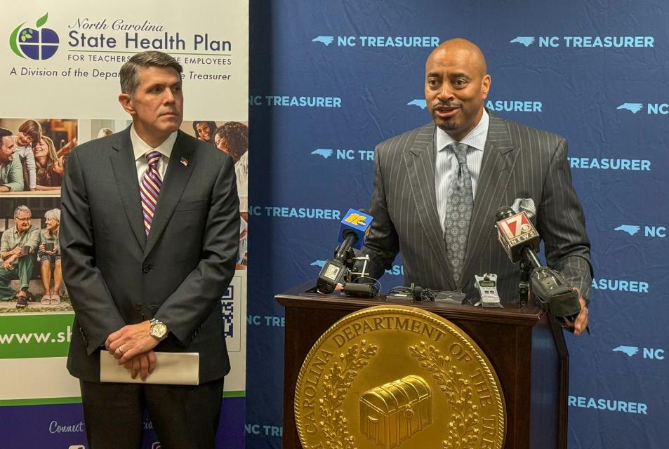 Treasurer Briner and Blue Cross NC representative Roy Watson at the press conference following the July 10, 2026 State Health Plan Board Meeting.